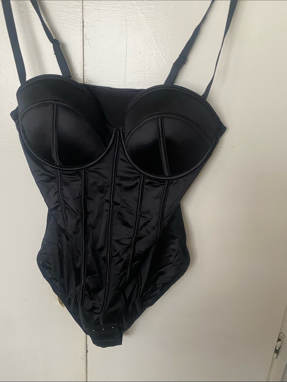 Satin Black Bustier Bodysuit with Adjustable Straps